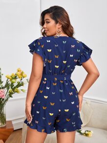 SHEIN LUNE Plus Butterfly Print Ruffle Trim Belted Romper - Navy Blue - View 2
