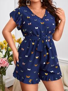 SHEIN LUNE Plus Butterfly Print Ruffle Trim Belted Romper - Navy Blue - View 4