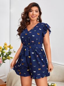 SHEIN LUNE Plus Butterfly Print Ruffle Trim Belted Romper - Navy Blue - View 5