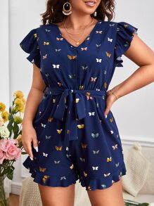 SHEIN LUNE Plus Butterfly Print Ruffle Trim Belted Romper - Navy Blue - View 6