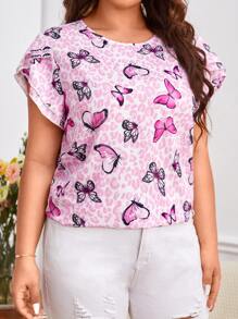 SHEIN VCAY Plus Leopard & Butterfly Print Petal Sleeve Blouse - Multicolor - View 1