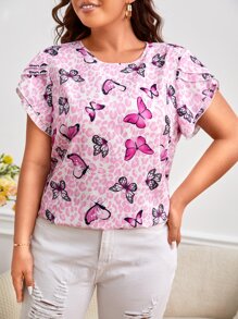 SHEIN VCAY Plus Leopard & Butterfly Print Petal Sleeve Blouse - Multicolor - View 4