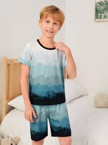 Chicos Conjunto de pijama con estampado de paisaje unido en contraste - Multicolor - Ver 4