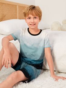 Chicos Conjunto de pijama con estampado de paisaje unido en contraste - Multicolor - Ver 5