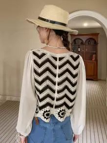 DAZY Top Con Manga Farol Y Ribete Festoneado En La Parte Delantera Con Botones Y Estampado De Chevron - Multicolor - Ver 2