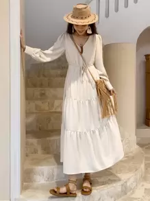 DAZY Solid Knot Front Layered Hem Dress - Beige - View 1