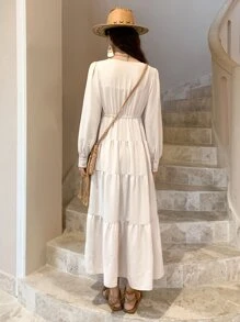 DAZY Solid Knot Front Layered Hem Dress - Beige - View 2