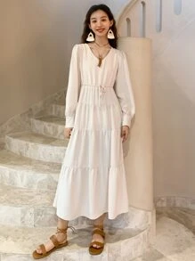 DAZY Solid Knot Front Layered Hem Dress - Beige - View 3