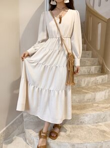 DAZY Solid Knot Front Layered Hem Dress - Beige - View 4