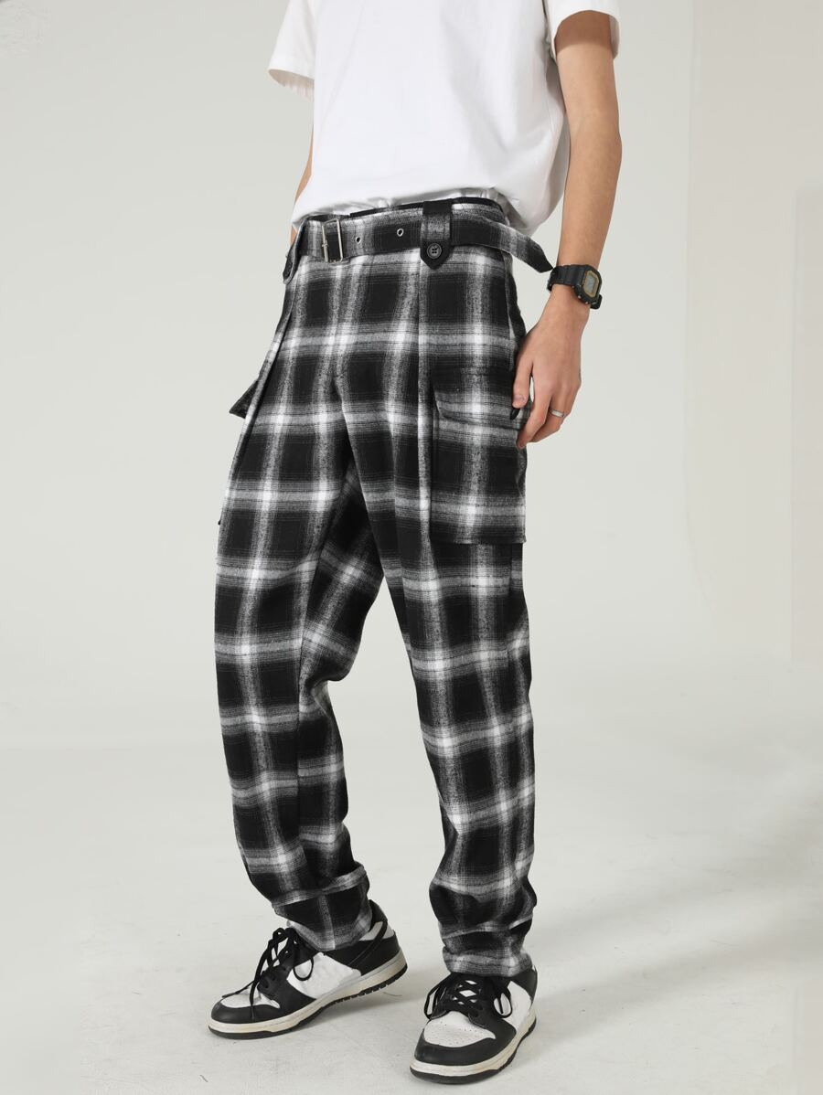 Manfinity Men Plaid Print Flap Pocket Side Trousers - Black and White - View 1