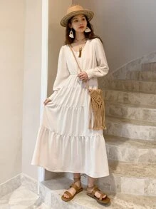 DAZY Solid Knot Front Layered Hem Dress - Beige - View 6