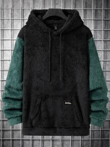 Manfinity Men Colour Block Kangaroo Pocket Drawstring Teddy Hoodie - Black - View 1