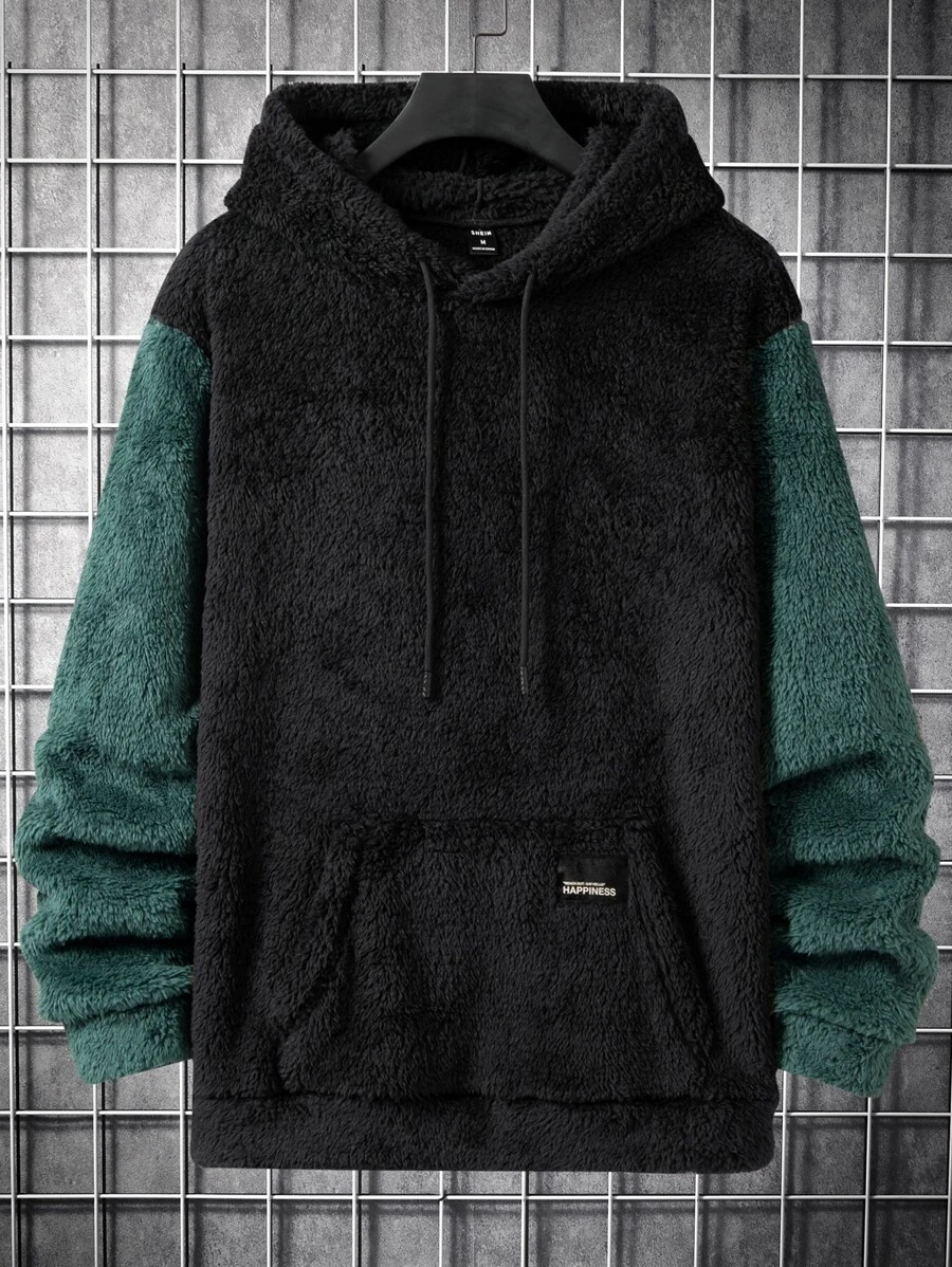 Manfinity Men Colour Block Kangaroo Pocket Drawstring Teddy Hoodie - Black - View 1