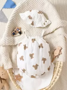 男嬰小熊印花吊帶連體衣和帽 - 白色 - 查看 1