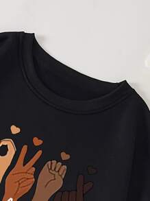 SHEIN LUNE Sudadera térmica con estampado de letra y mano, talla grande, para otoño - Negro - Ver 3