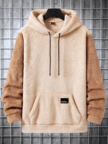 Manfinity 男士撞色袋鼠口袋抽繩毛絨帽衫 - 卡其色 - 查看 1