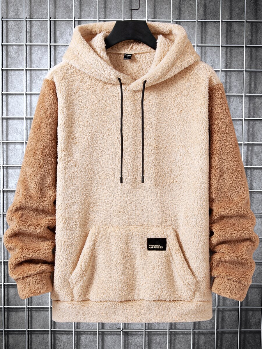 Manfinity 男士撞色袋鼠口袋抽繩毛絨帽衫 - 卡其色 - 查看 1