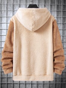 Manfinity 男士撞色袋鼠口袋抽繩毛絨帽衫 - 卡其色 - 查看 2