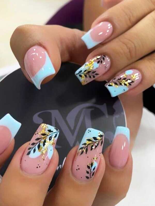 Elevate Your Style with 24pcs Long Square Blue French Glitter Leaf Pattern Fake Nail & 1pc Nail File & 1sheet Tape