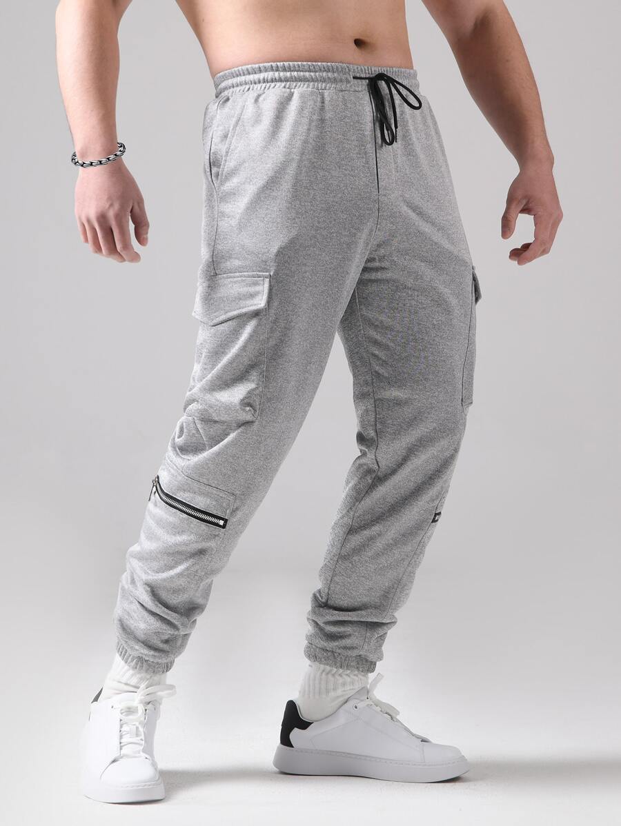 Manfinity Men Drawstring Waist Flap Pocket Side Sweatpants - Light Grey - View 1