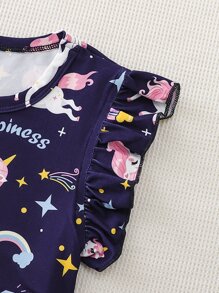 Toddler Girls Unicorn & Letter Graphic Ruffle Hem Smock Dress - Navy Blue - View 6