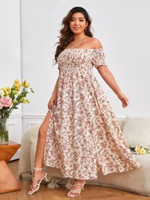 SHEIN VCAY Plus Ditsy Floral Print Off Shoulder Split Thigh Dress - Multicolor - View 1