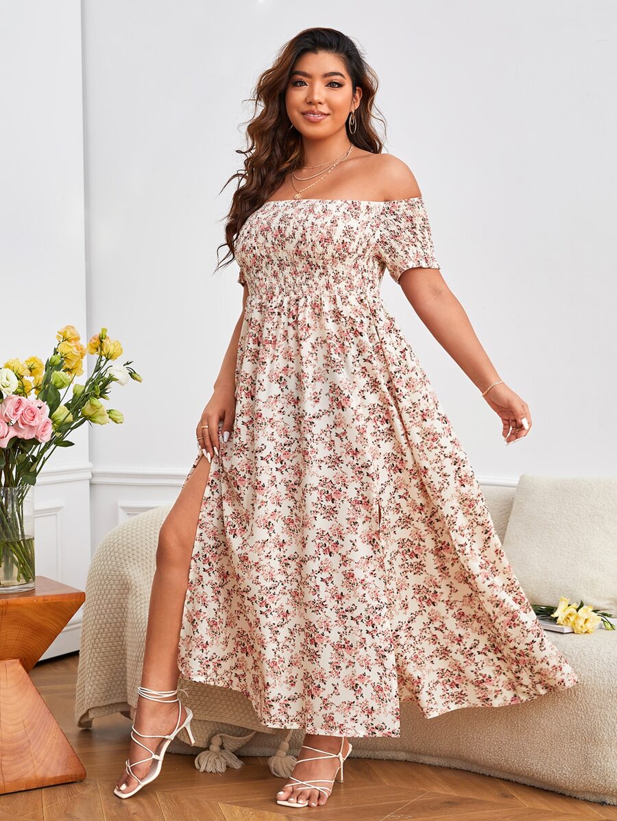 SHEIN VCAY Plus Ditsy Floral Print Off Shoulder Split Thigh Dress - Multicolor - View 1