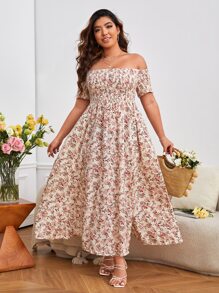 SHEIN VCAY Plus Ditsy Floral Print Off Shoulder Split Thigh Dress - Multicolor - View 3