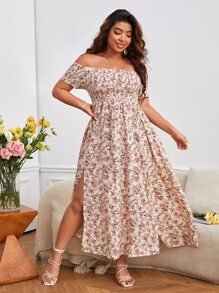 SHEIN VCAY Plus Ditsy Floral Print Off Shoulder Split Thigh Dress - Multicolor - View 6