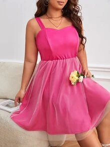 SHEIN VCAY Plus Solid Mesh Overlay Cami Dress - Pink - View 1