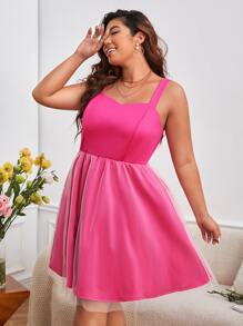 SHEIN VCAY Plus Solid Mesh Overlay Cami Dress - Pink - View 3