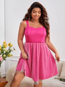 SHEIN VCAY Plus Solid Mesh Overlay Cami Dress - Pink - View 5