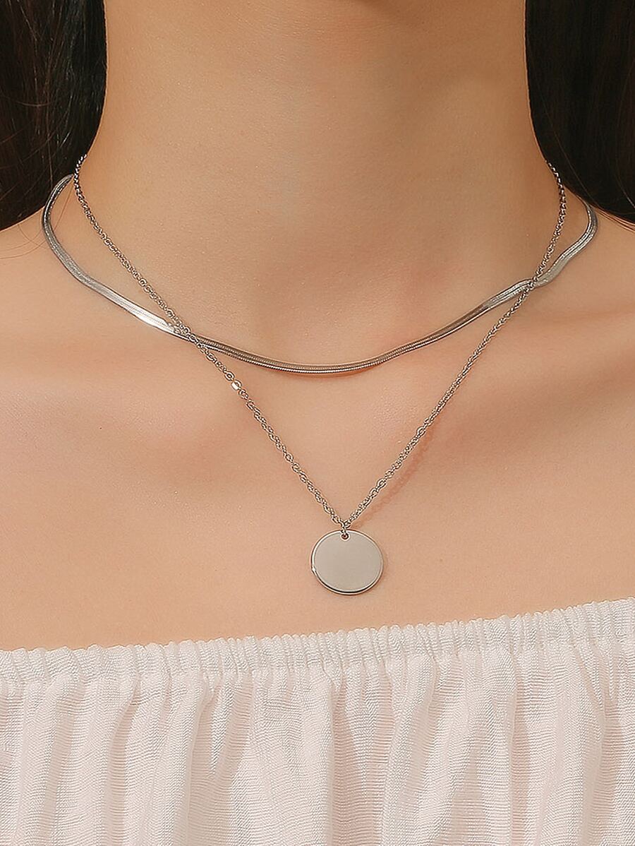 2pcs Round Charm Necklace - Silver - View 1