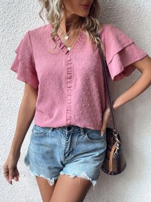SHEIN LUNE Swiss Dot Frill Trim Blouse - Pink - View 1
