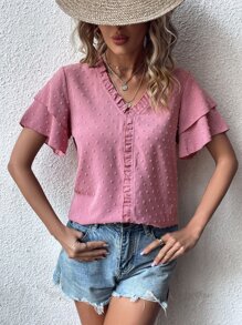 SHEIN LUNE Swiss Dot Frill Trim Blouse - Pink - View 3