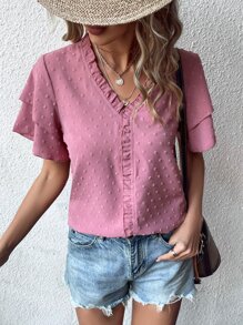 SHEIN LUNE Swiss Dot Frill Trim Blouse - Pink - View 5