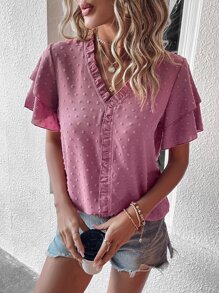SHEIN LUNE Swiss Dot Frill Trim Blouse - Pink - View 6