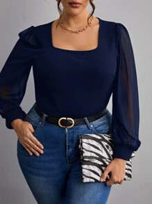 SHEIN Frenchy Plus Contrast Mesh Lantern Sleeve Square Neck Top - Navy Blue - View 1