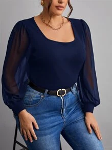 SHEIN Frenchy Plus Contrast Mesh Lantern Sleeve Square Neck Top - Navy Blue - View 3