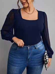 SHEIN Frenchy Plus Contrast Mesh Lantern Sleeve Square Neck Top - Navy Blue - View 4