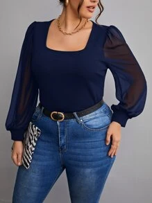 SHEIN Frenchy Plus Contrast Mesh Lantern Sleeve Square Neck Top - Navy Blue - View 5