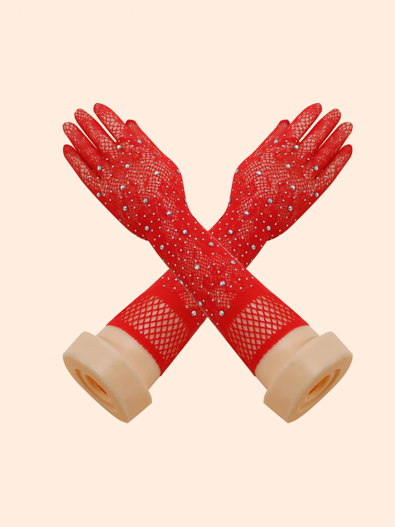 1雙紅色閃亮鑽石繩網手套,波西米亞復古薄款長手套,派對夜店表演裝飾手套 - 紅色 - 查看 1
