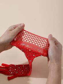 1雙紅色閃亮鑽石繩網手套,波西米亞復古薄款長手套,派對夜店表演裝飾手套 - 紅色 - 查看 2
