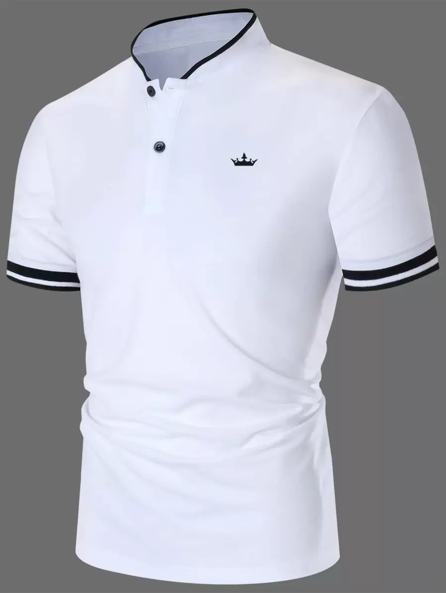 Manfinity Mode Men Crown Print Contrast Trim Half Button Collar Color Block White Business Casual Polo Shirt, Daddy & Boyfriend Gift, For Golf - White - View 1