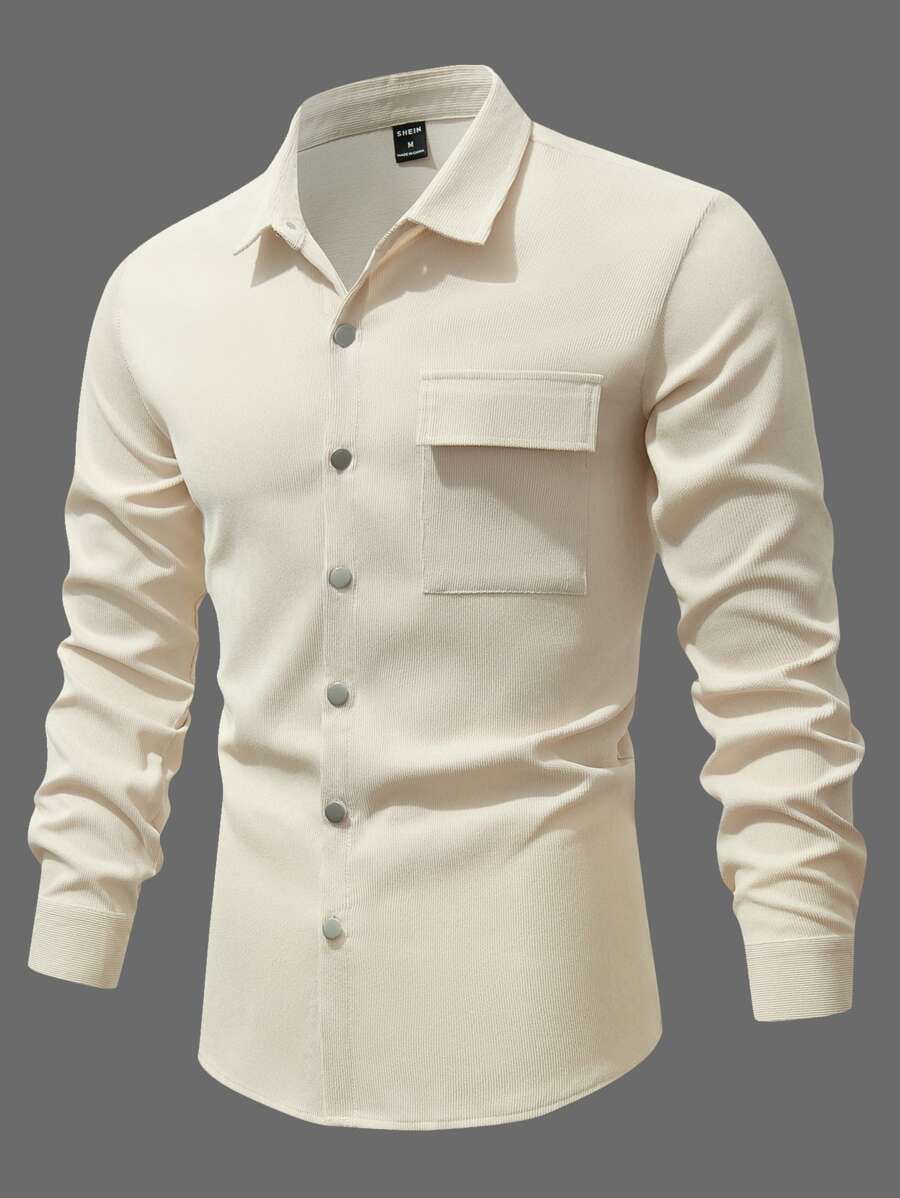 Manfinity Homme 男士燈芯絨翻蓋口袋前排扣襯衫 - 卡其色 - 查看 1