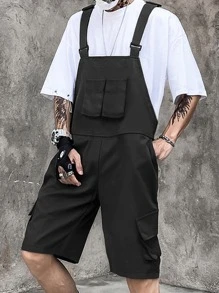 Manfinity Homme Pantalones Cortos De Buzo Para Hombre De Ajuste Flojo Y Color Liso Con Bolsillos De Solapa (camiseta No Incluida) - Negro - Ver 3