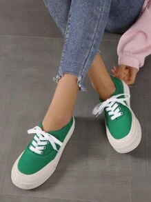 Two Tone Lace Up Front Canvas Shoes - Green - View 1