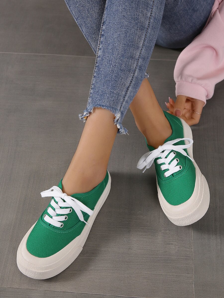 Two Tone Lace Up Front Canvas Shoes - Green - View 1