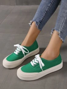 Two Tone Lace Up Front Canvas Shoes - Green - View 2