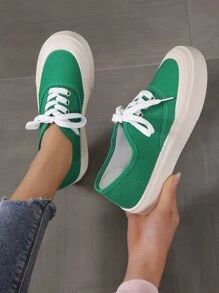 Two Tone Lace Up Front Canvas Shoes - Green - View 5